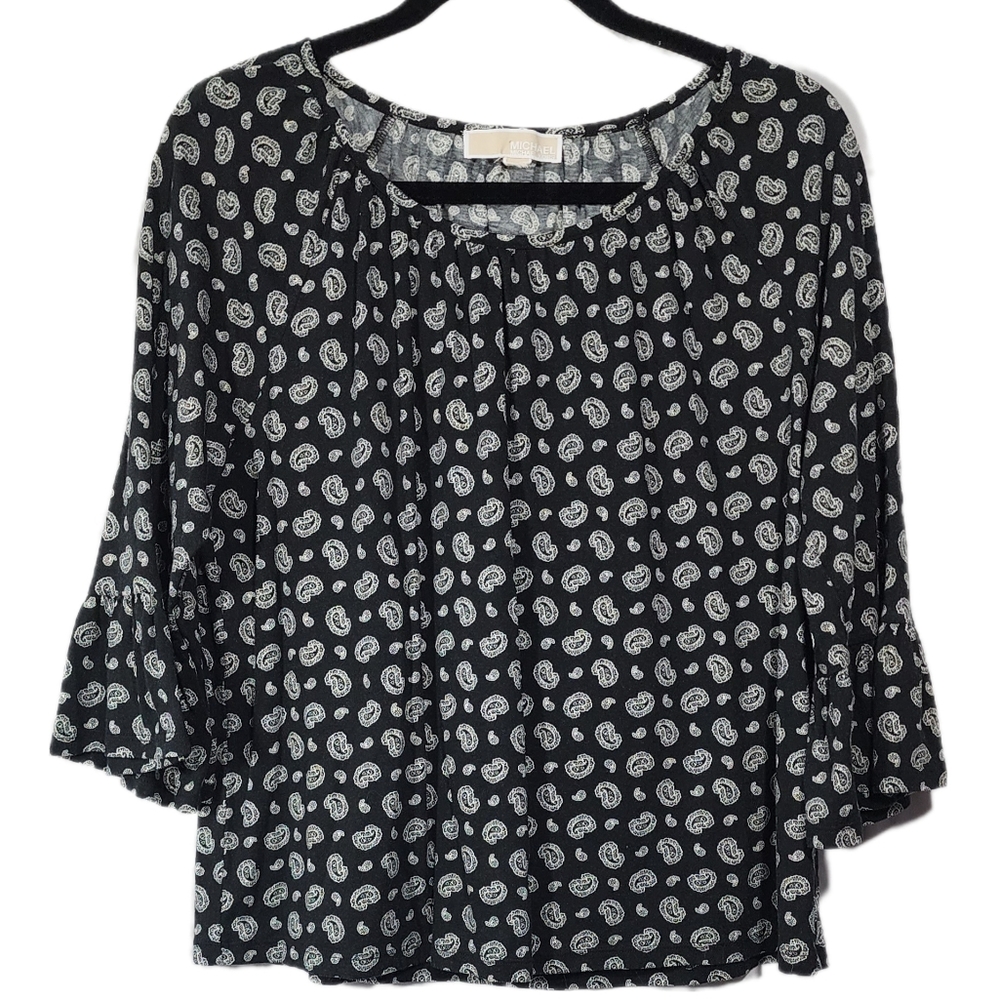 Micheal Kors peasant top blouse black and white Paisley